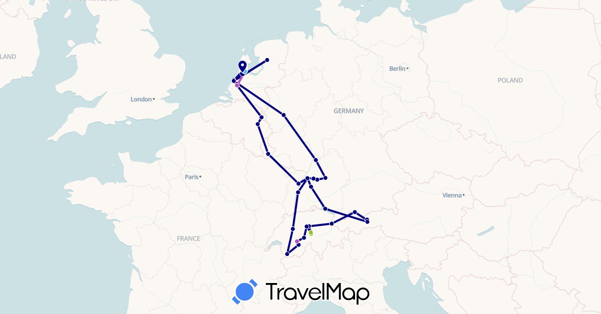 TravelMap itinerary: driving, train, boat, electric vehicle in Austria, Belgium, Switzerland, Germany, France, Liechtenstein, Luxembourg, Netherlands (Europe)